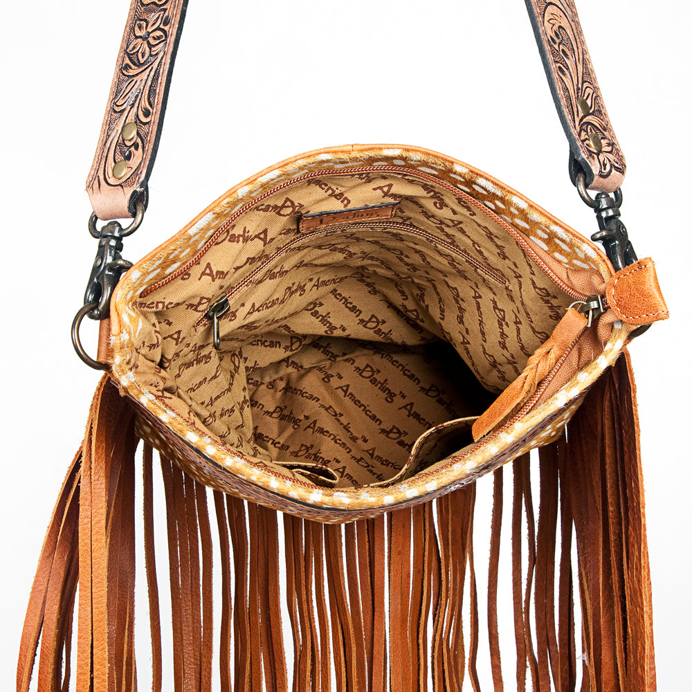 ADBGS192 Cowhide Large Crossbody Bag with Tooled Patch, Fringe & Floral Strap - Western Purse