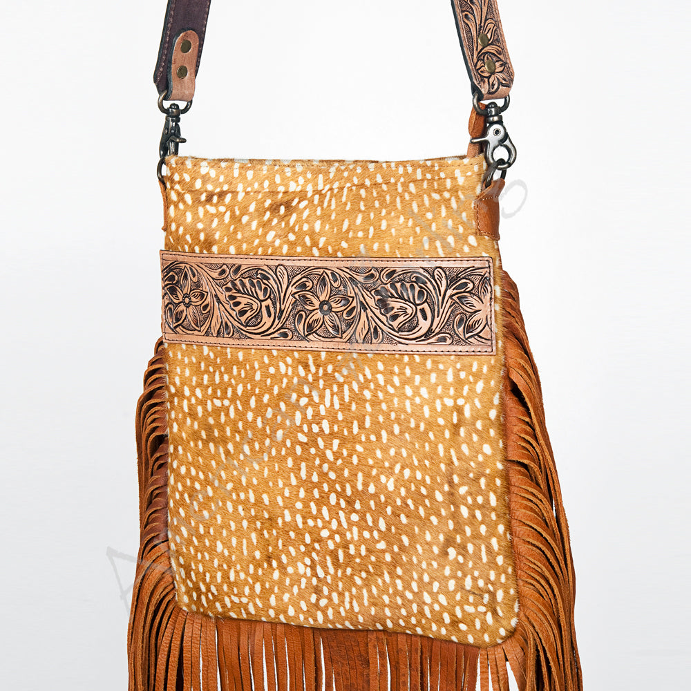 ADBGS192 Cowhide Large Crossbody Bag with Tooled Patch, Fringe & Floral Strap - Western Purse
