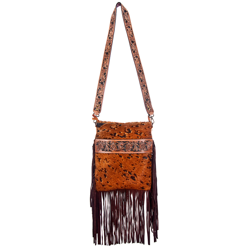 ADBGS192 Cowhide Large Crossbody Bag with Tooled Patch, Fringe & Floral Strap - Western Purse