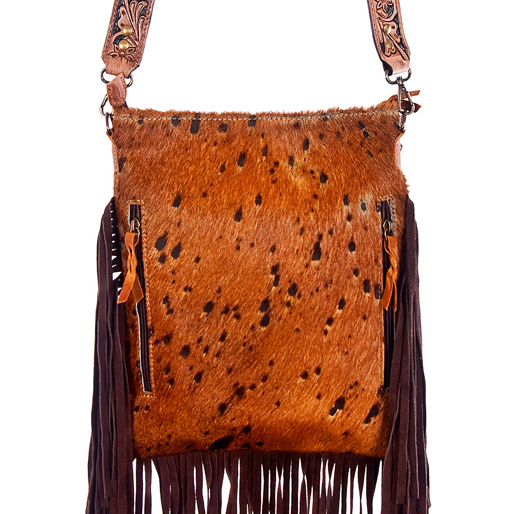 ADBGS192 Cowhide Large Crossbody Bag with Tooled Patch, Fringe & Floral Strap - Western Purse