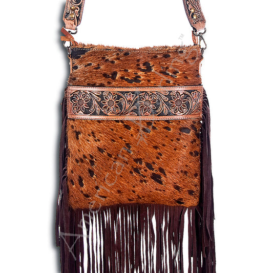 ADBGS192 Cowhide Large Crossbody Bag with Tooled Patch, Fringe & Floral Strap - Western Purse