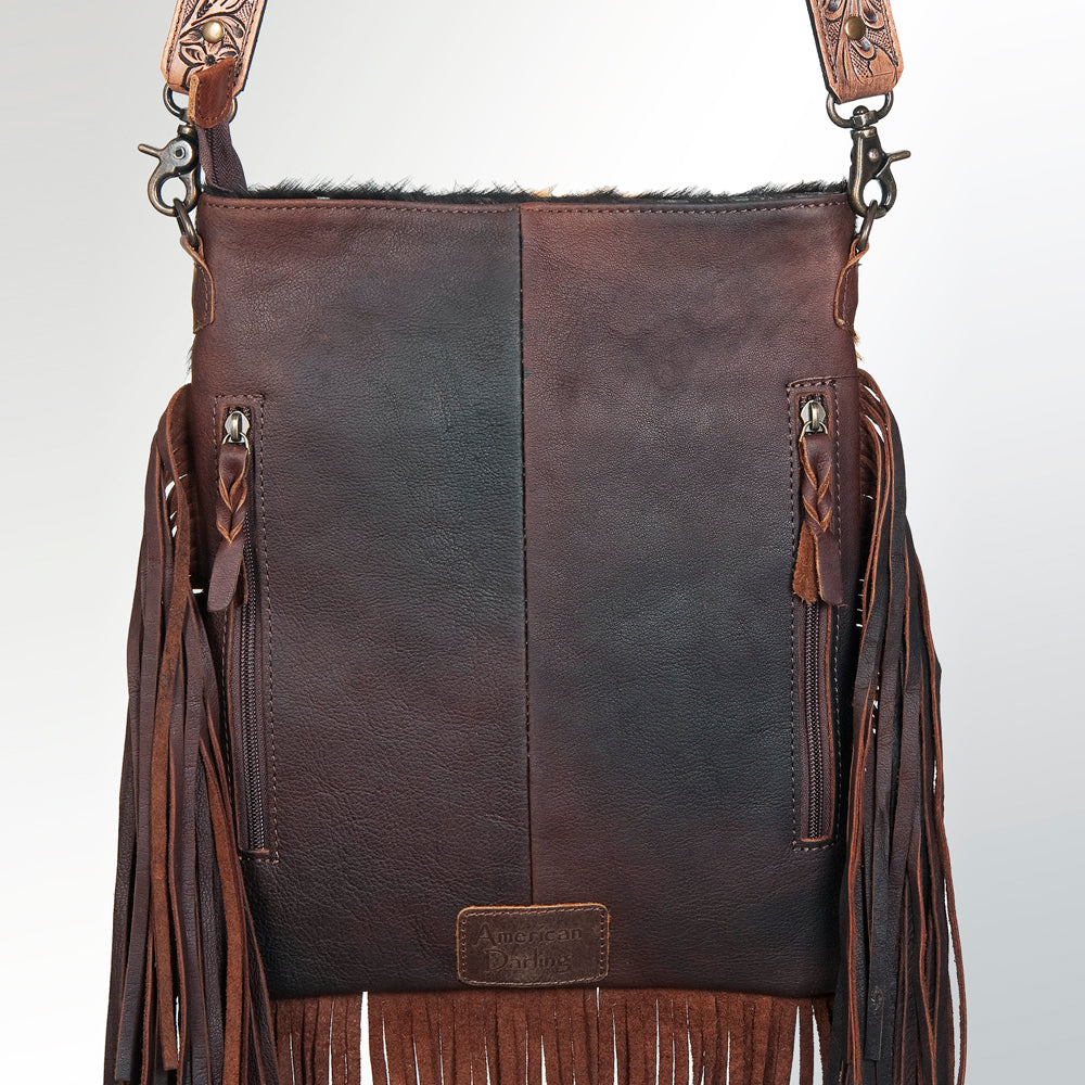 ADBGS192 Cowhide Large Crossbody Bag with Tooled Patch, Fringe & Floral Strap - Western Purse