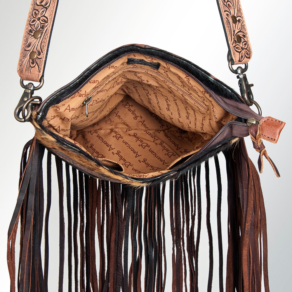 ADBGS192 Cowhide Large Crossbody Bag with Tooled Patch, Fringe & Floral Strap - Western Purse