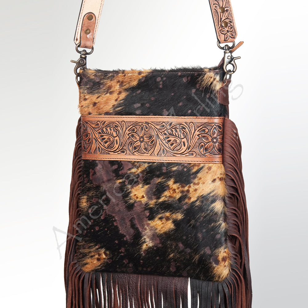 ADBGS192 Cowhide Large Crossbody Bag with Tooled Patch, Fringe & Floral Strap - Western Purse