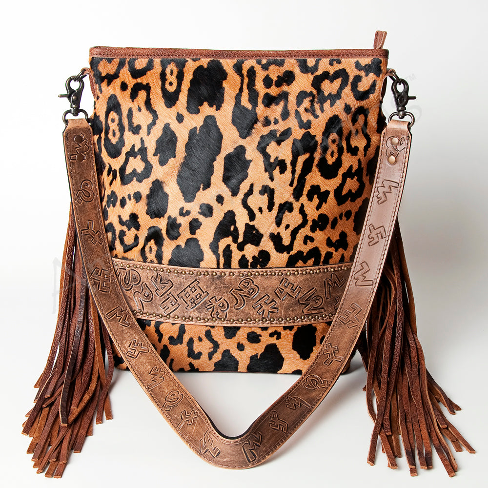 ADBG316 Printed Hair-On Cowhide & Tooled Leather Western Large Crossbody Bag Fringe Crossbody