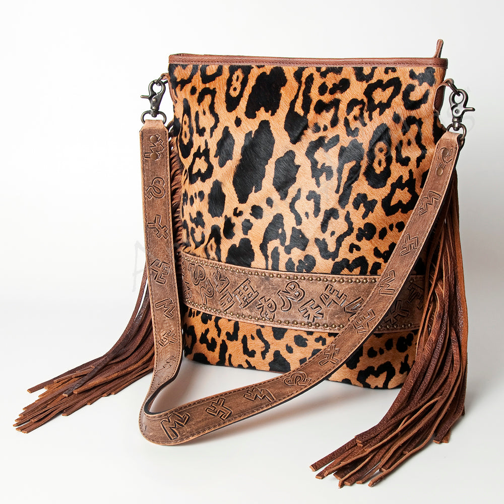 ADBG316 Printed Hair-On Cowhide & Tooled Leather Western Large Crossbody Bag Fringe Crossbody