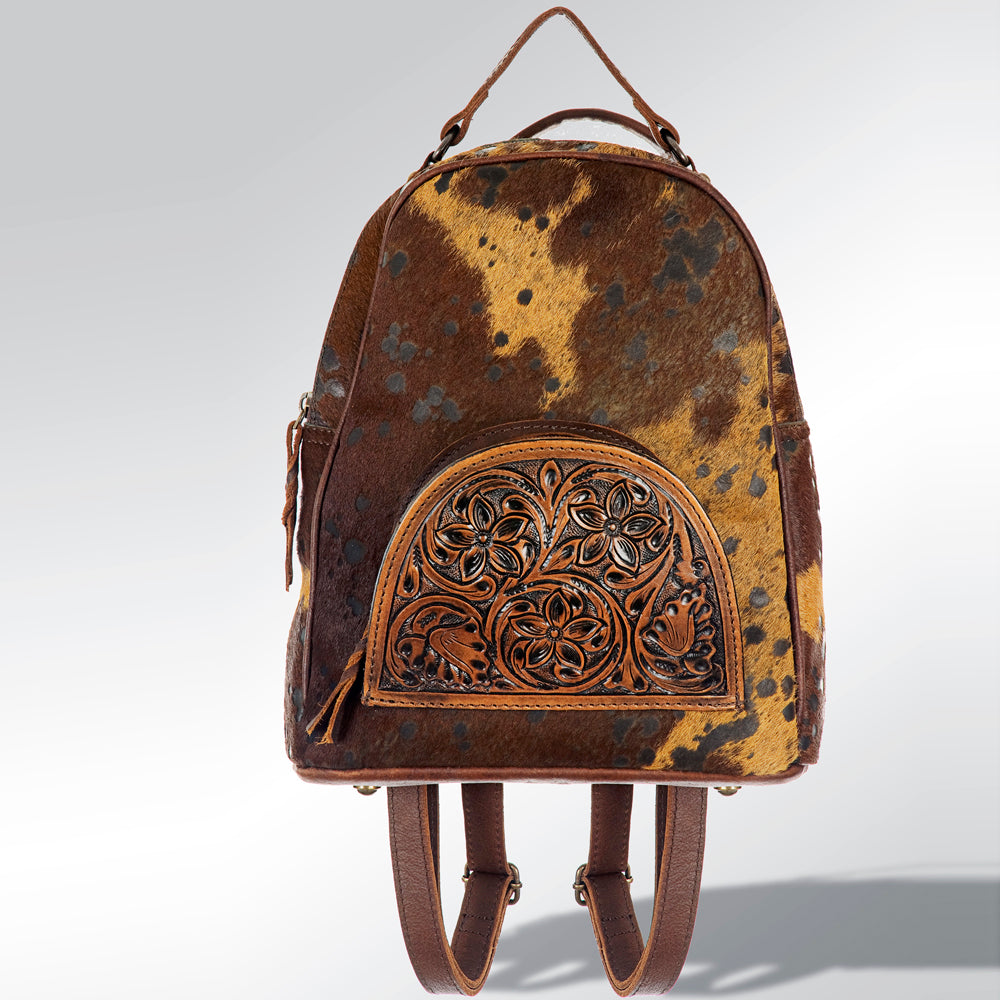 ADBGS156 Genuine Cowhide Leather Backpack with Hand-Tooled Floral Patch - Western Rodeo Style