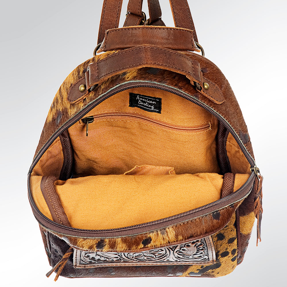 ADBGS156 Genuine Cowhide Leather Backpack with Hand-Tooled Floral Patch - Western Rodeo Style