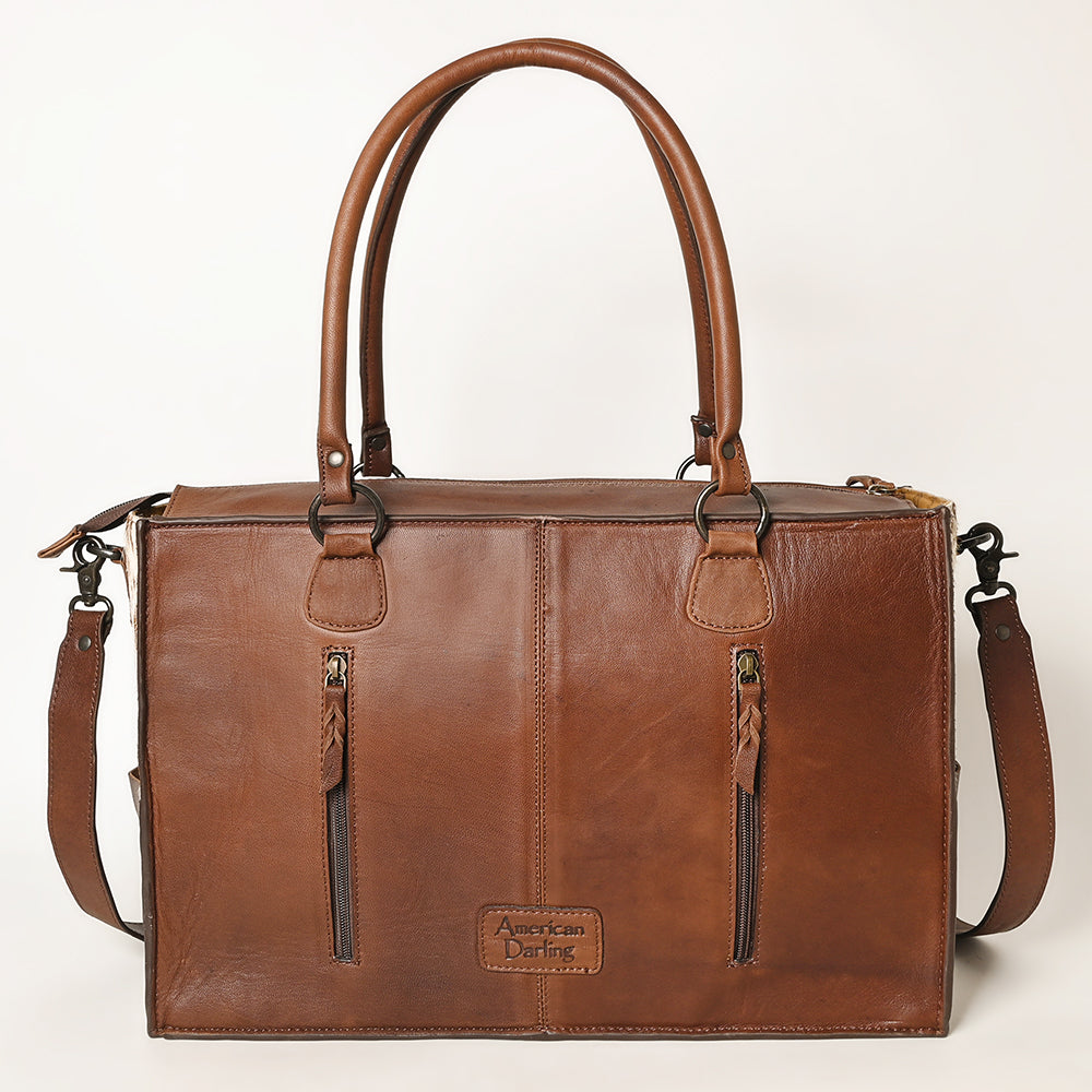 ADBGZ200 Tooled Leather & Cowhide Tote Bag with Fringe - Western Handbag with Shoulder Strap