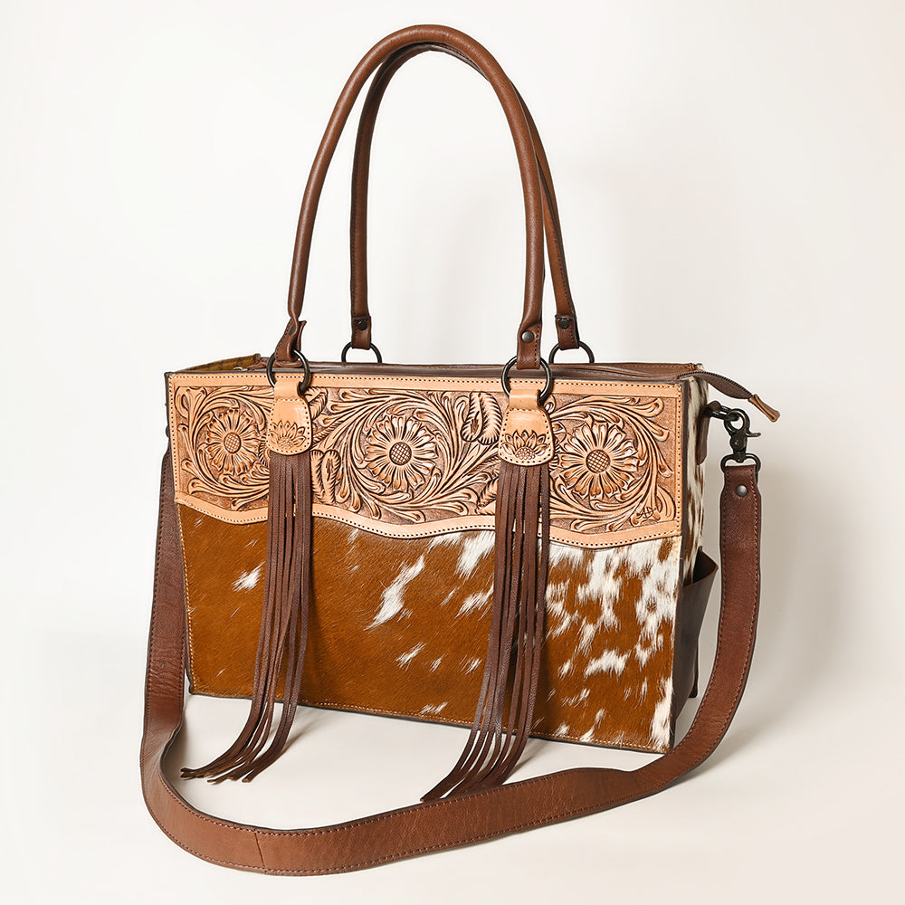 ADBGZ200 Tooled Leather & Cowhide Tote Bag with Fringe - Western Handbag with Shoulder Strap