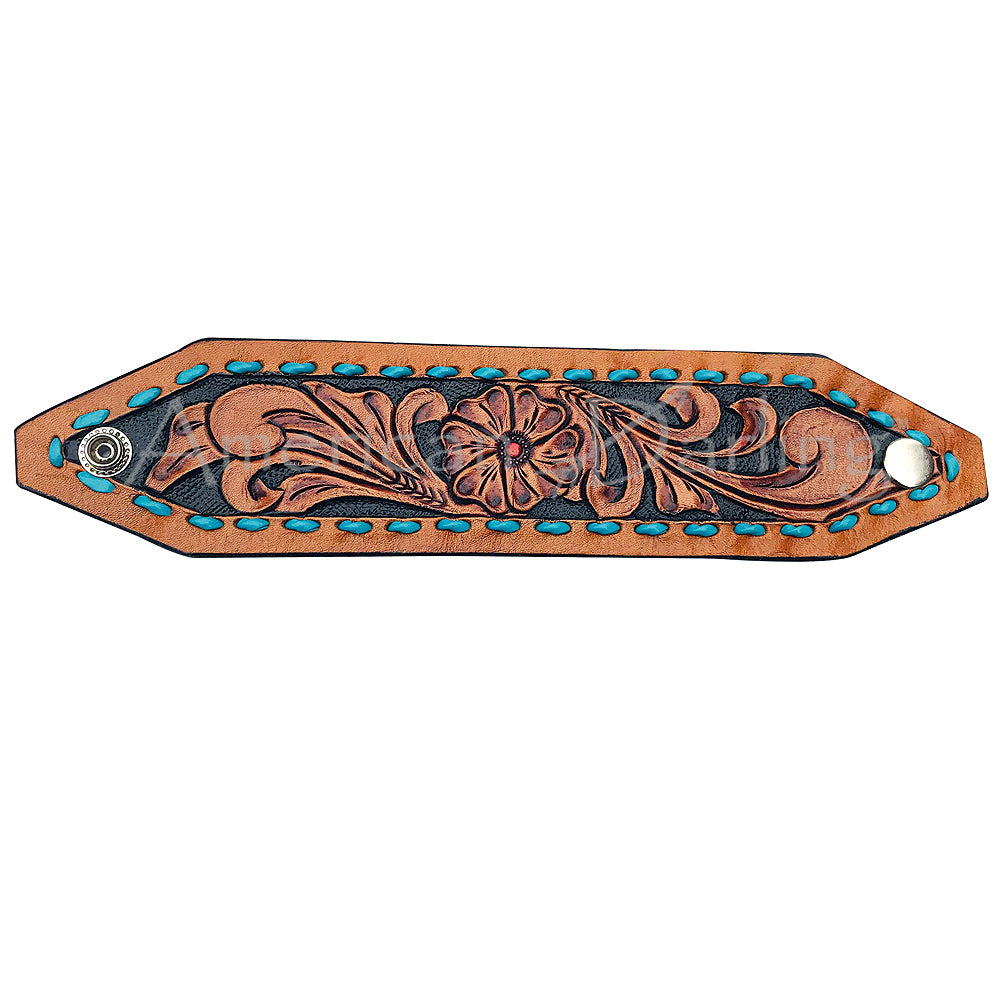 LC-ADBRF104 Tooled Leather Wristband - Floral Western Cuff with Turquoise Whipstitch & Snap Closure