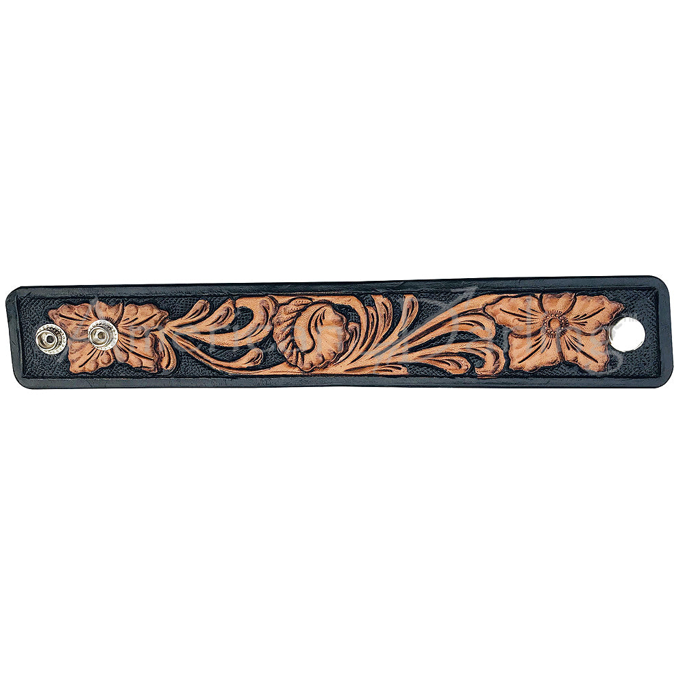 LC-ADBRF114 Hand Tooled Western Leather Bracelet women - Floral Carved Black & Tan