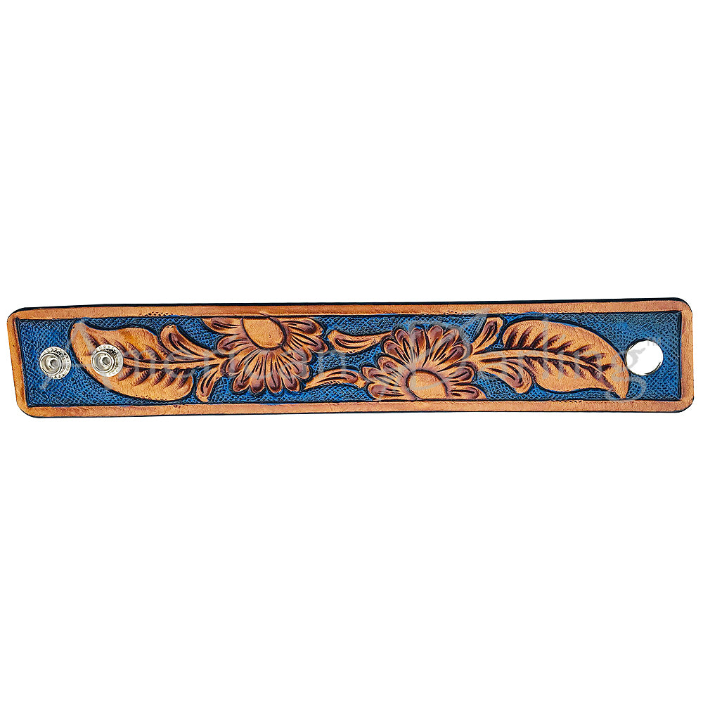 LC-ADBRF120 Hand Tooled Leather Wrist Strap - Blue Inlay with Floral Carving