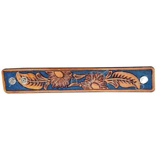 LC-ADBRF120 Hand Tooled Leather Wrist Strap - Blue Inlay with Floral Carving