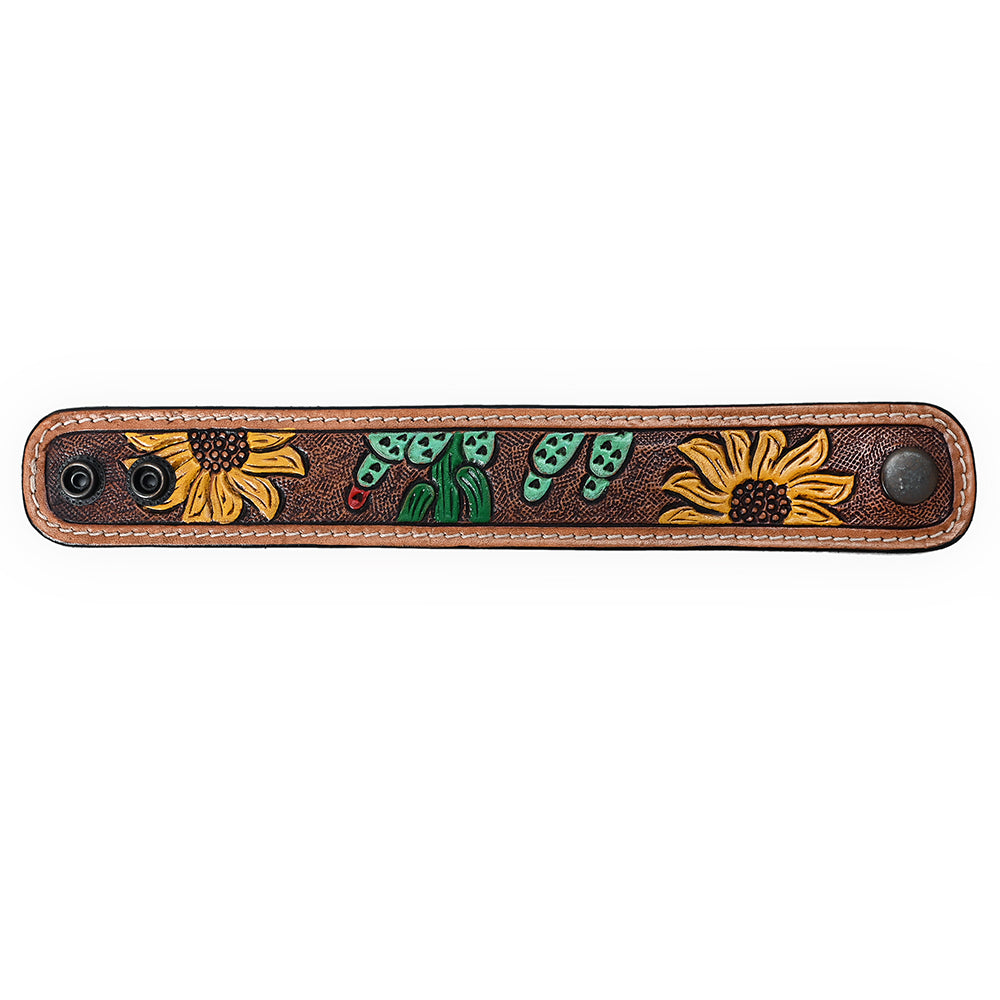 LC-ADBRF121 Hand Tooled Leather Cactus Cuff Bracelet - Western Painted Design