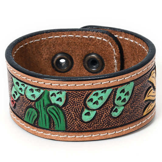 LC-ADBRF121 Hand Tooled Leather Cactus Cuff Bracelet - Western Painted Design