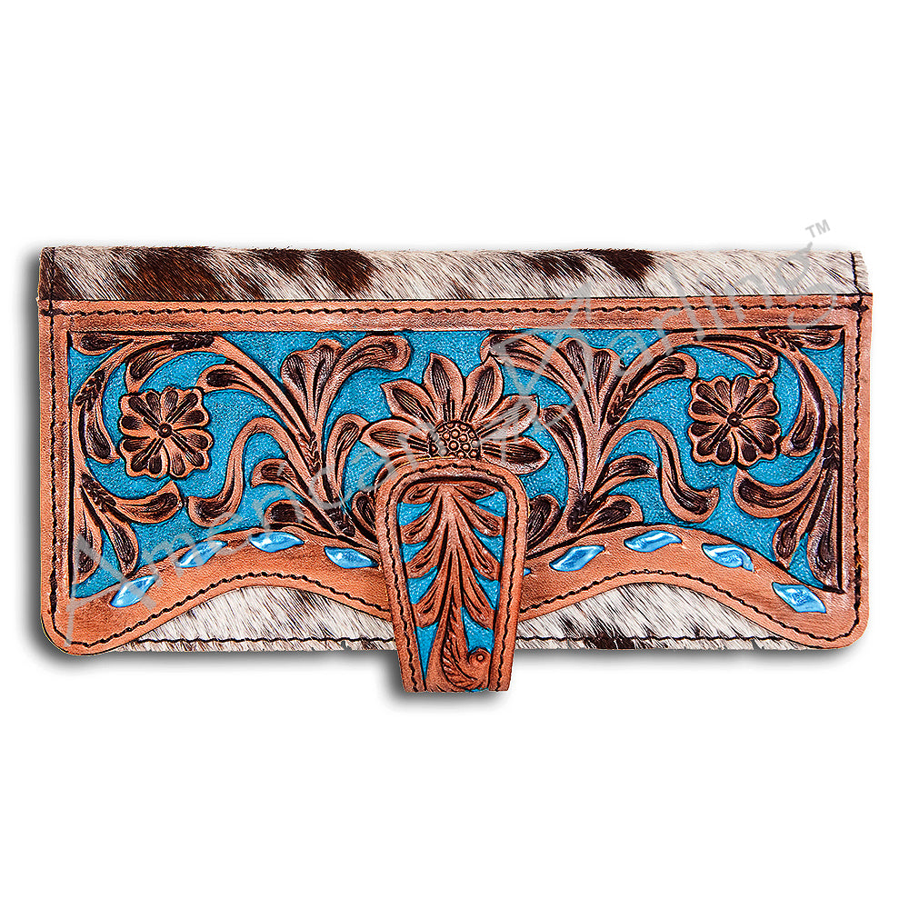 ADBG487 Tooled Leather & Hair-On Cowhide Wallet with Turquoise Inlay Floral Design