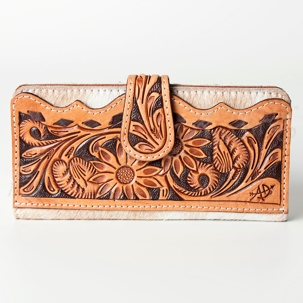 ADBG487 Tooled Leather & Hair-On Cowhide Wallet with Turquoise Inlay Floral Design