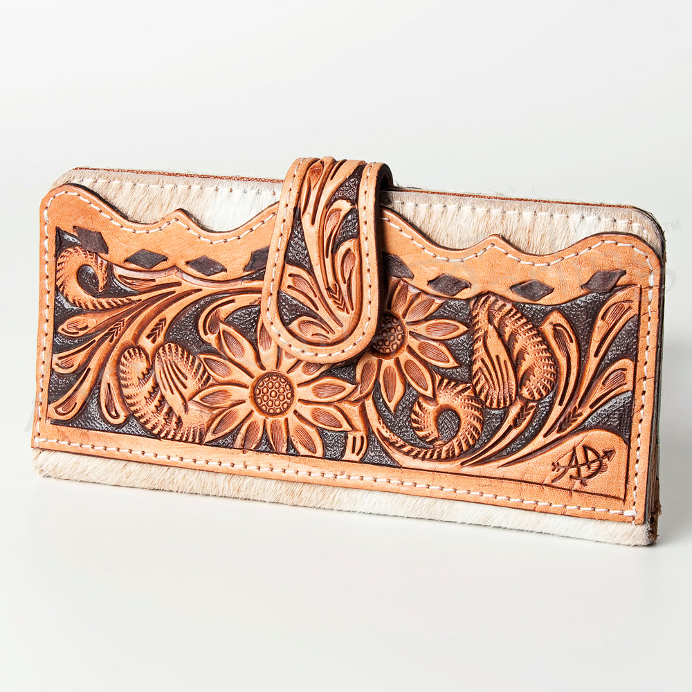ADBG487 Tooled Leather & Hair-On Cowhide Wallet with Turquoise Inlay Floral Design