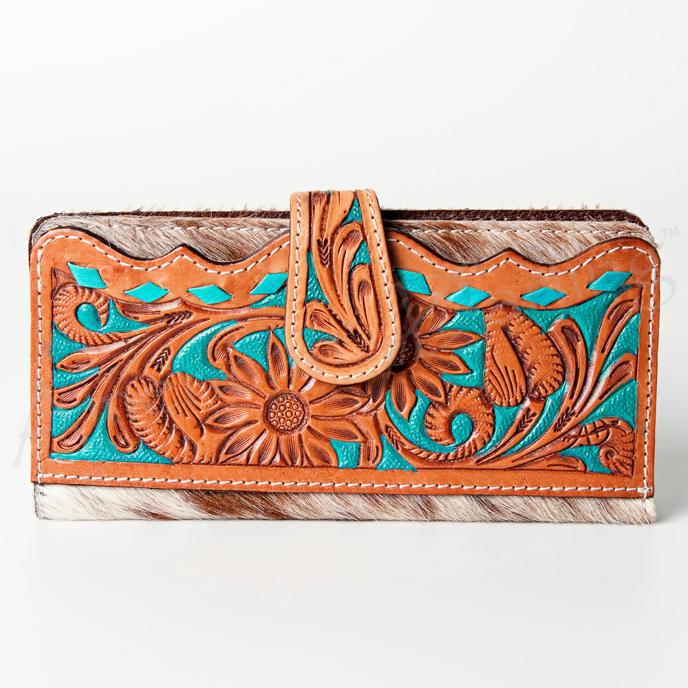ADBG487 Tooled Leather & Hair-On Cowhide Wallet with Turquoise Inlay Floral Design