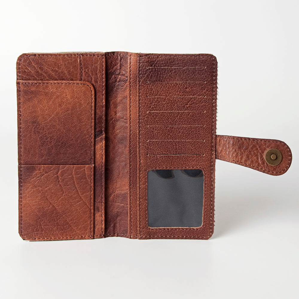 ADBG487 Tooled Leather & Hair-On Cowhide Wallet with Turquoise Inlay Floral Design