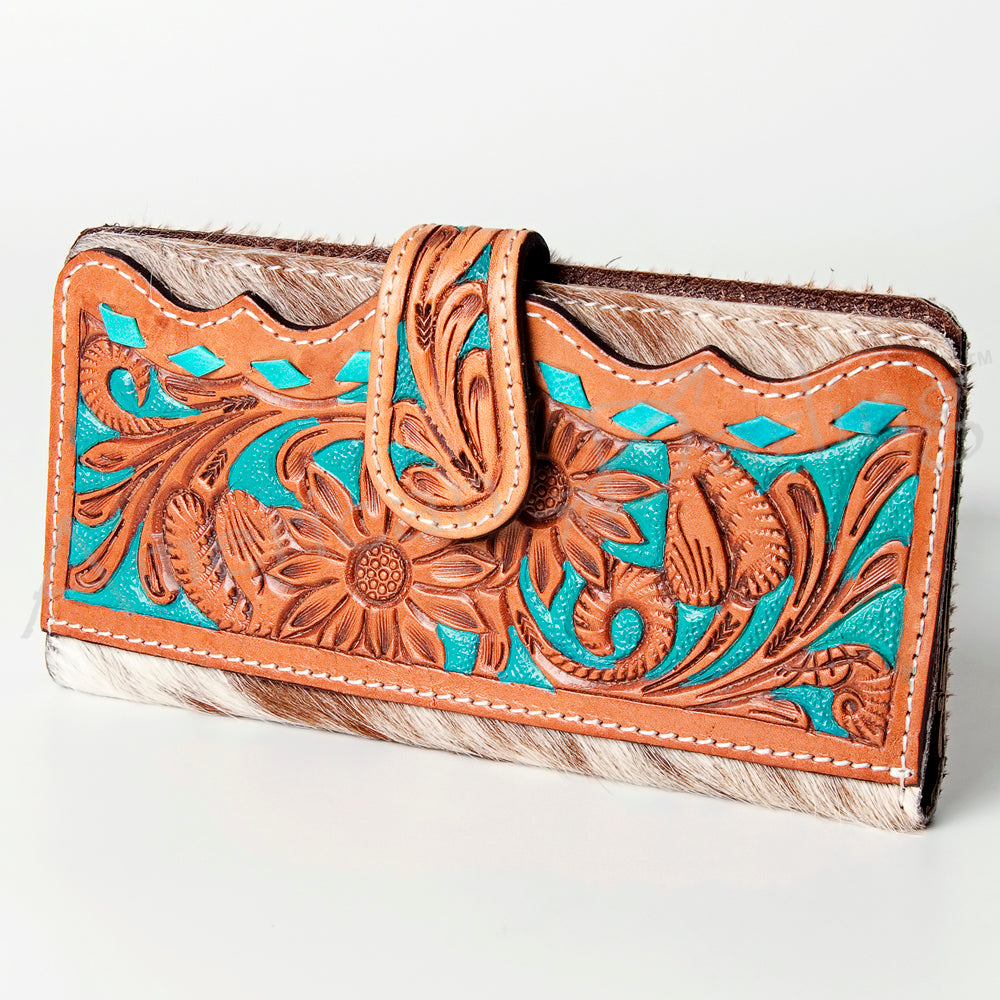 ADBG487 Tooled Leather & Hair-On Cowhide Wallet with Turquoise Inlay Floral Design