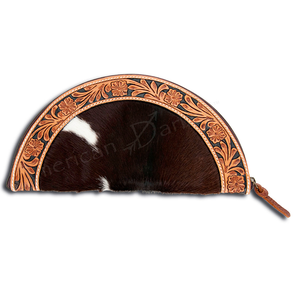 ADBG397 Taco-Shaped Hair-On Cowhide Leather Wristlet Western Tooled Genuine Leather Clutch