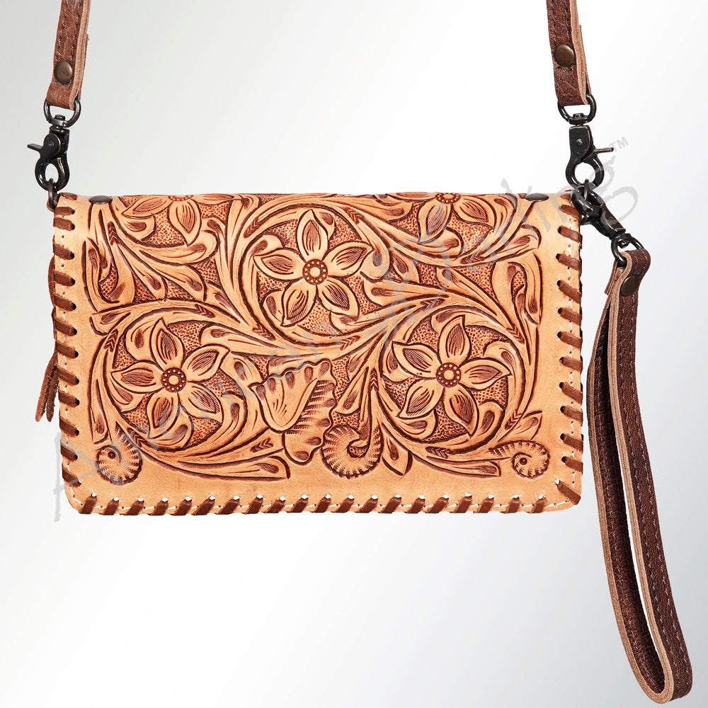 ADBG485 Western Floral Tooled Leather Organizer Bag Handmade Cowhide Wristlet by American Darling