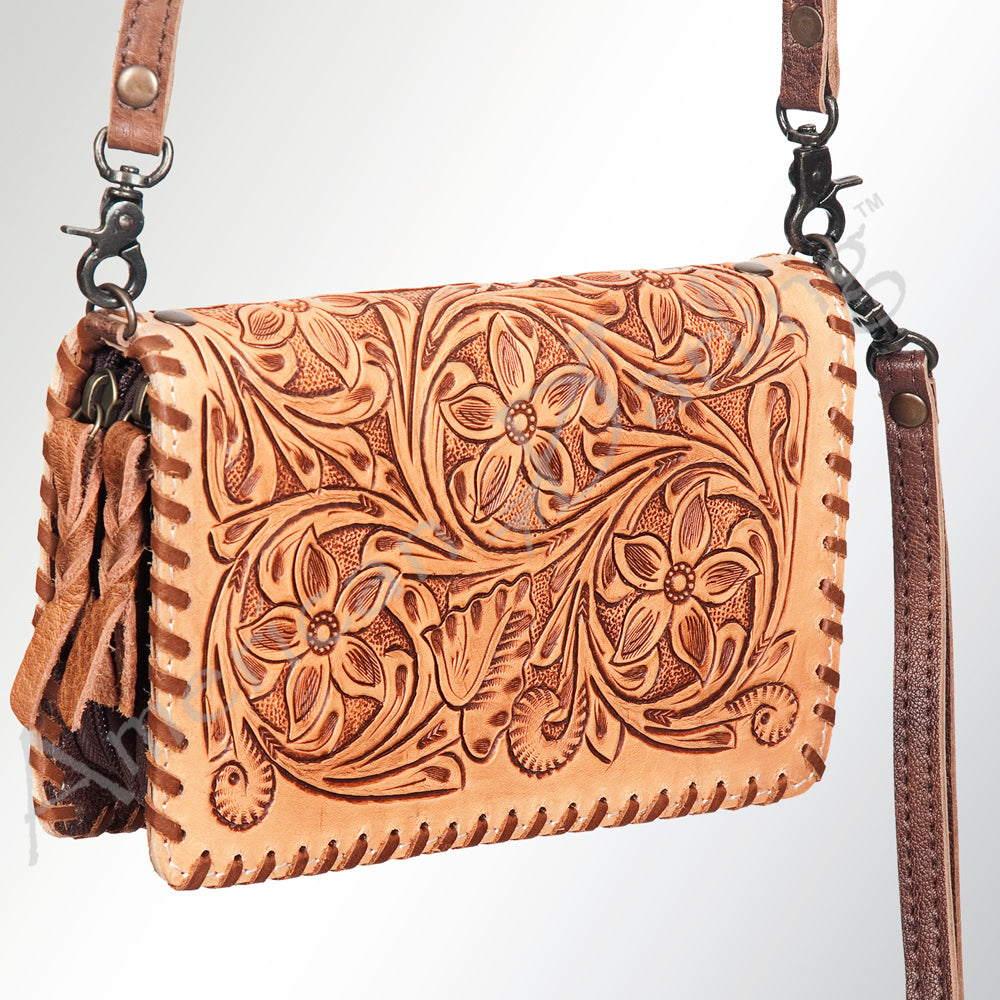 ADBG485 Western Floral Tooled Leather Organizer Bag Handmade Cowhide Wristlet by American Darling