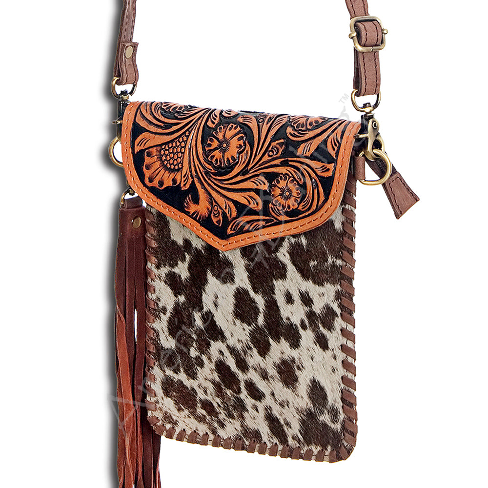 LC-ADBGD105 Hair-On Hide Leather Phone Messenger - Tooled Floral Flap with Tassel Accent