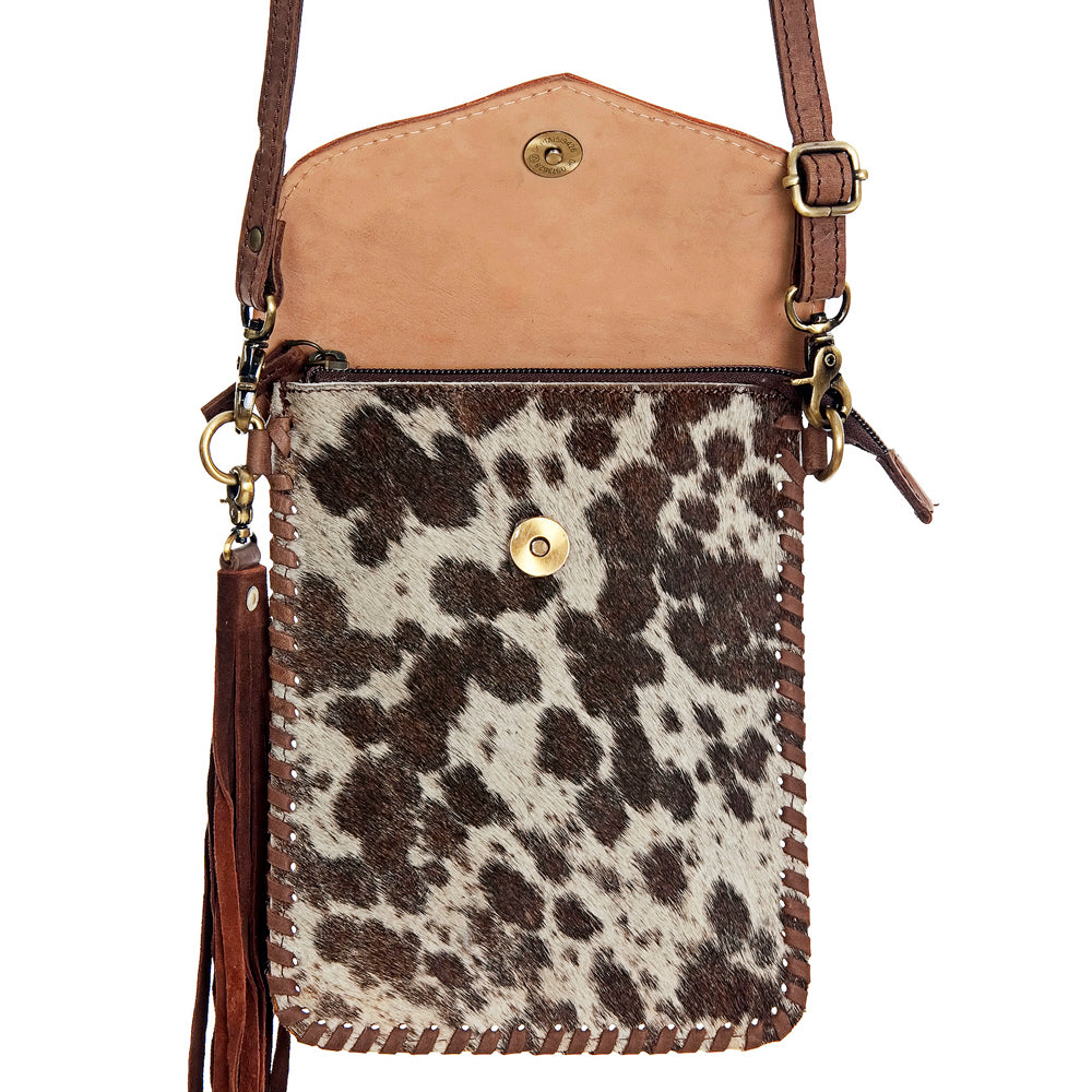 LC-ADBGD105 Hair-On Hide Leather Phone Messenger - Tooled Floral Flap with Tassel Accent