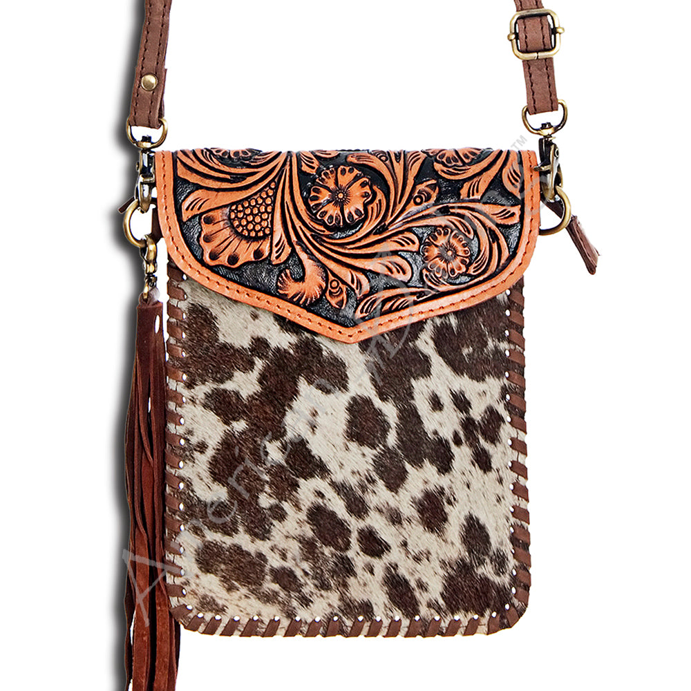 LC-ADBGD105 Hair-On Hide Leather Phone Messenger - Tooled Floral Flap with Tassel Accent