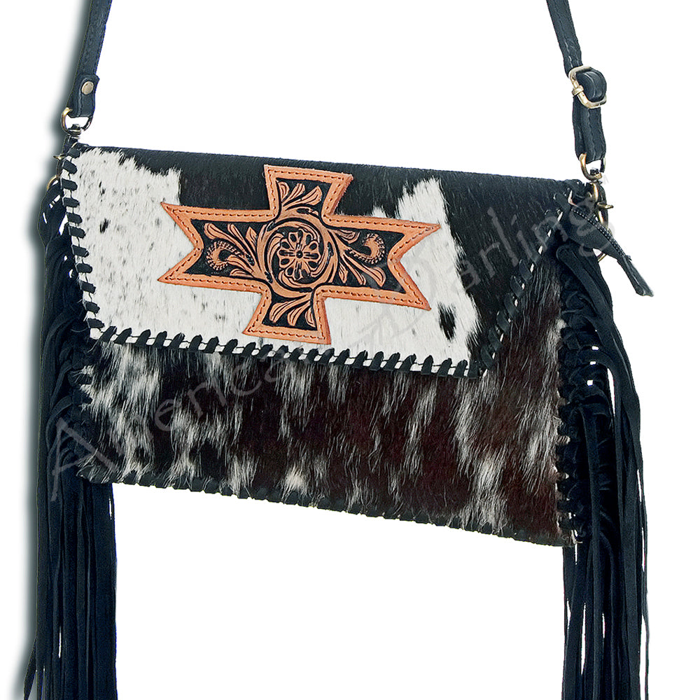 ADBGD106 Hair-On Cowhide Crossbody Bag with Tooled Leather Star Patch & Fringe