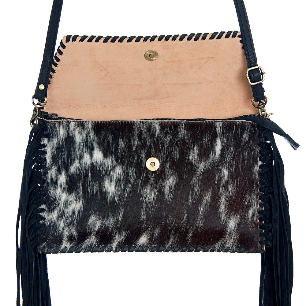 ADBGD106 Hair-On Cowhide Crossbody Bag with Tooled Leather Star Patch & Fringe