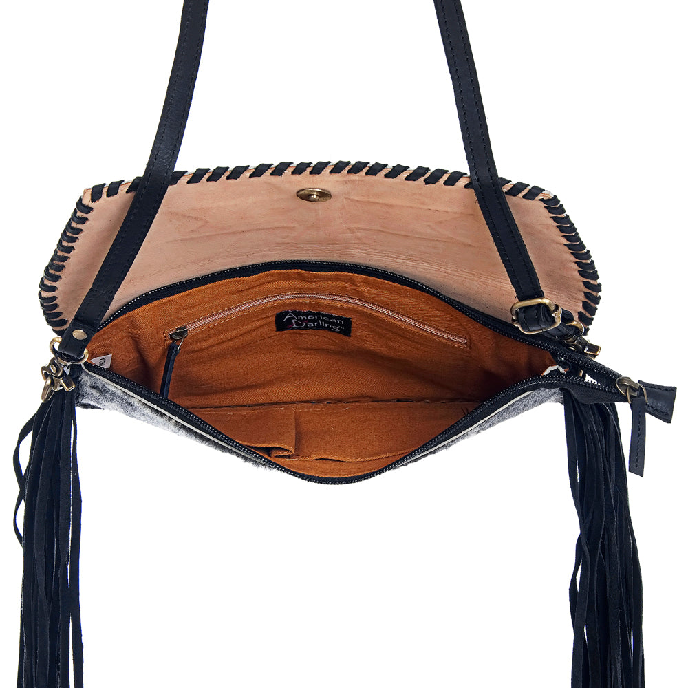 ADBGD106 Hair-On Cowhide Crossbody Bag with Tooled Leather Star Patch & Fringe