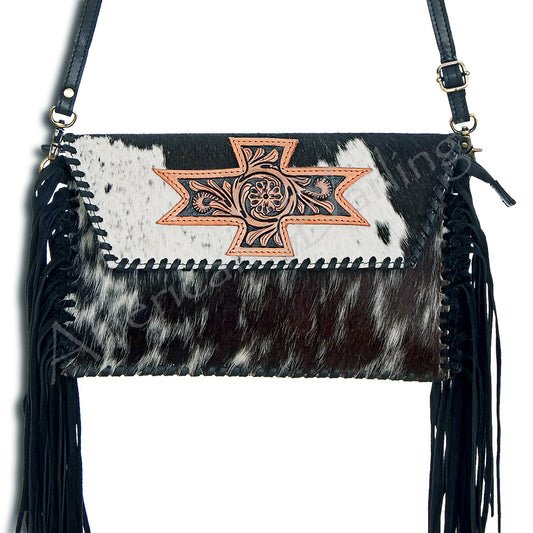 ADBGD106 Hair-On Cowhide Crossbody Bag with Tooled Leather Star Patch & Fringe