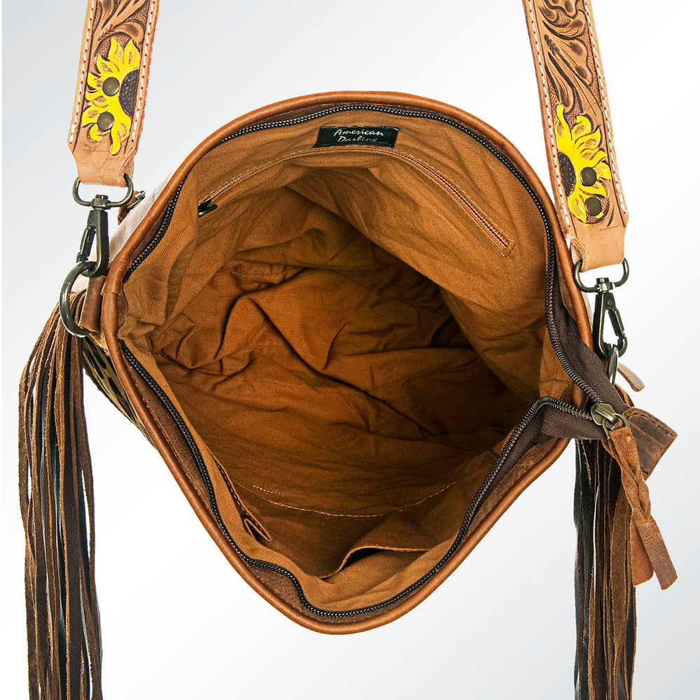 ADBG316 Printed Hair-On Cowhide & Tooled Leather Western Large Crossbody Bag Fringe Crossbody