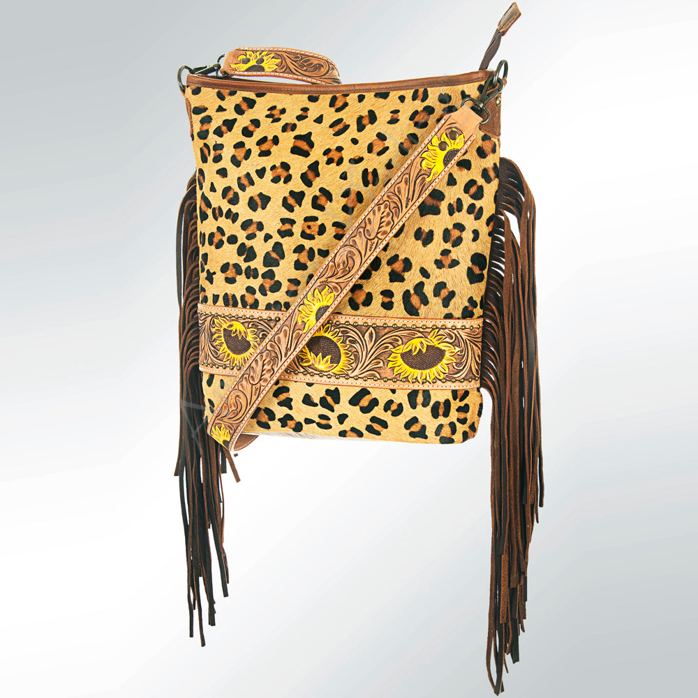 ADBG316 Printed Hair-On Cowhide & Tooled Leather Western Large Crossbody Bag Fringe Crossbody