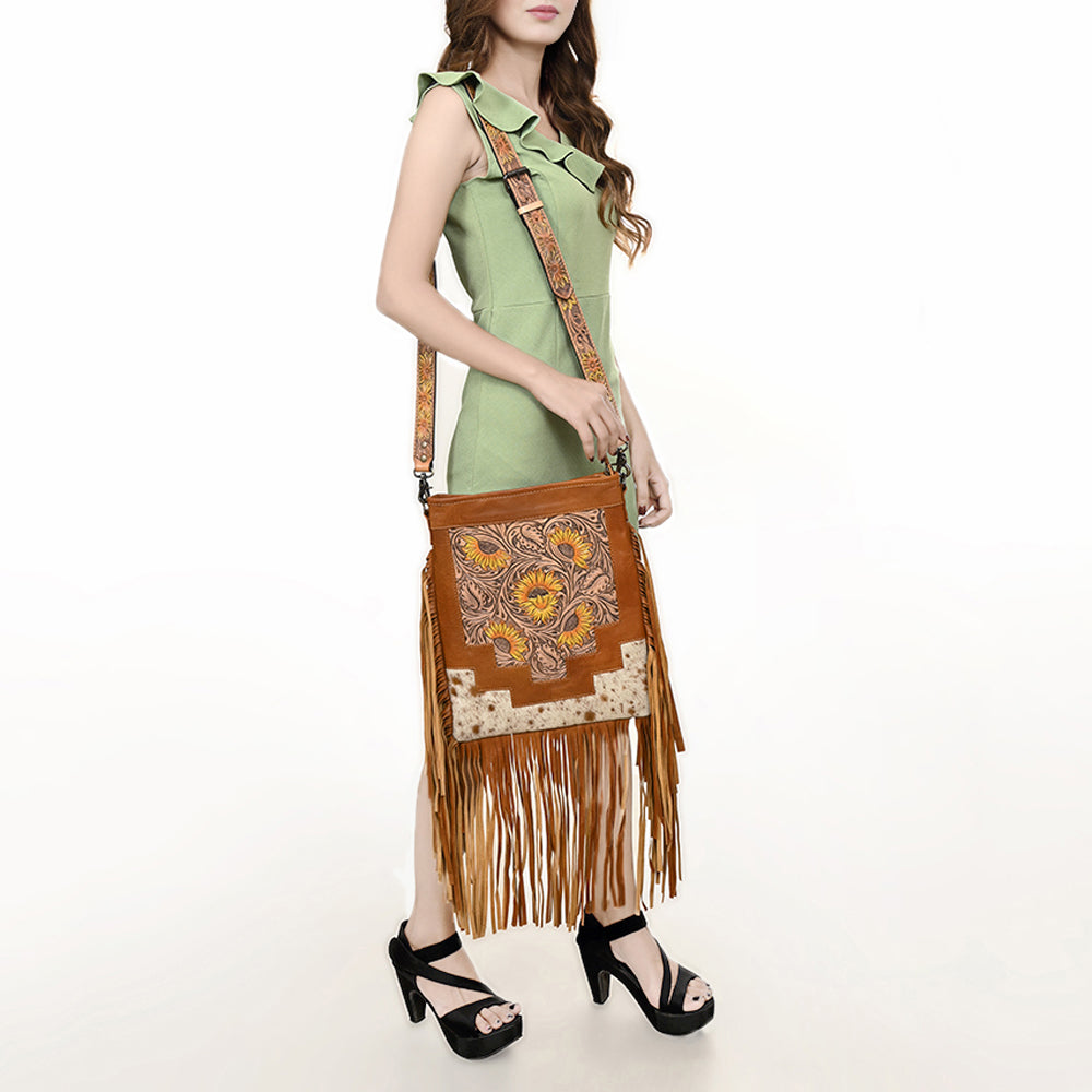 ADBG256 Tooled Leather & Cowhide Fringe Messenger Bag Western Boho Messenger by American Darling