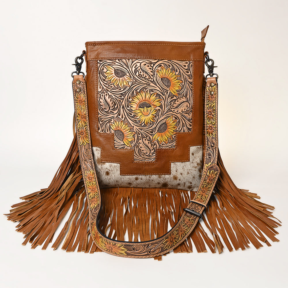 ADBG256 Tooled Leather & Cowhide Fringe Messenger Bag Western Boho Messenger by American Darling
