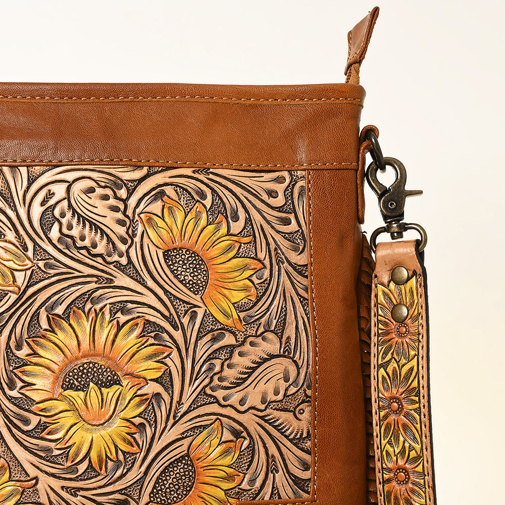 ADBG256 Tooled Leather & Cowhide Fringe Messenger Bag Western Boho Messenger by American Darling