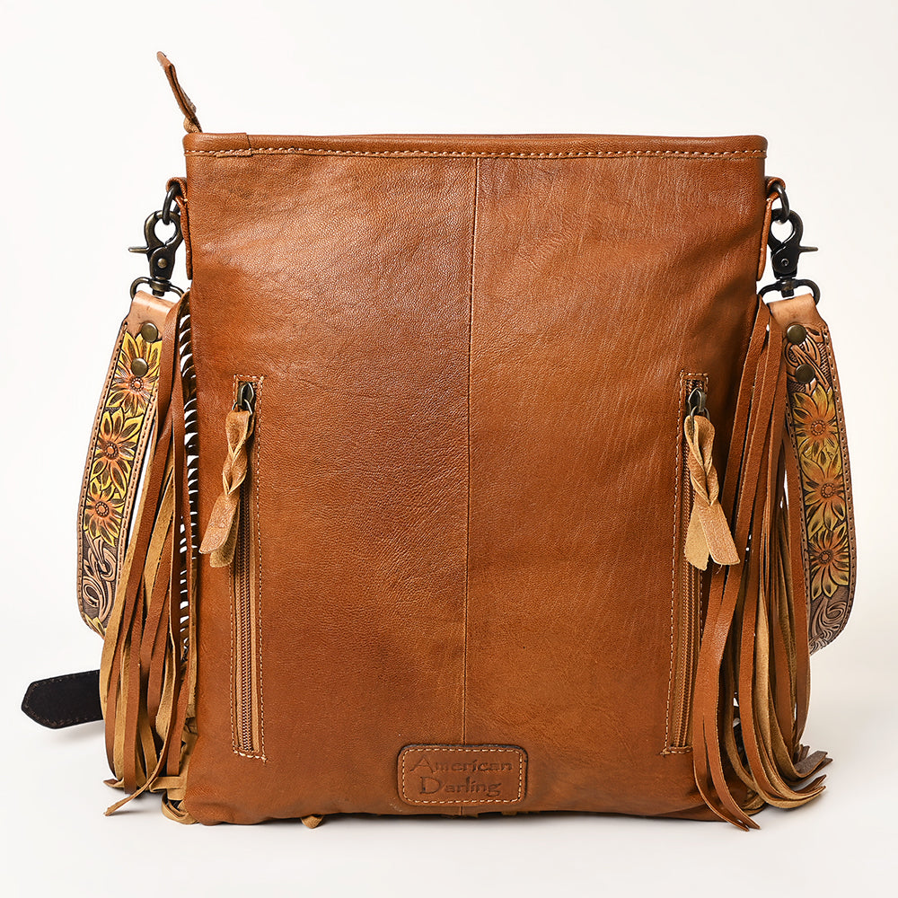 ADBG256 Tooled Leather & Cowhide Fringe Messenger Bag Western Boho Messenger by American Darling