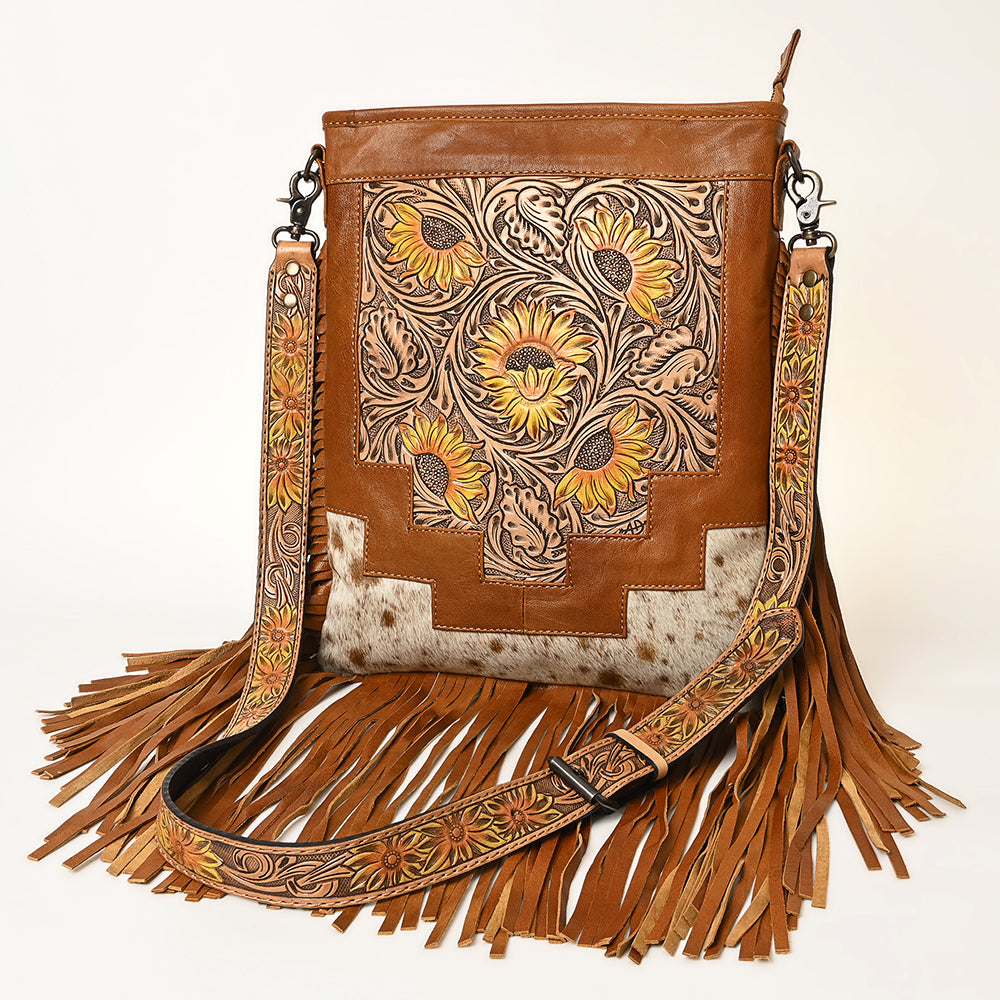 ADBG256 Tooled Leather & Cowhide Fringe Messenger Bag Western Boho Messenger by American Darling