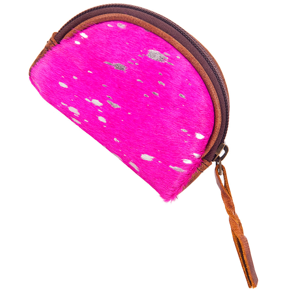 ADBG472 Pink Hair-On Cowhide Leather Coin Purse Western Mini Zip Wallet