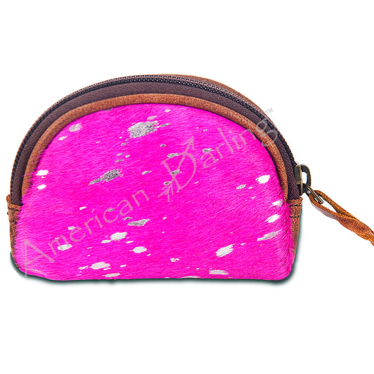 ADBG472 Pink Hair-On Cowhide Leather Coin Purse Western Mini Zip Wallet