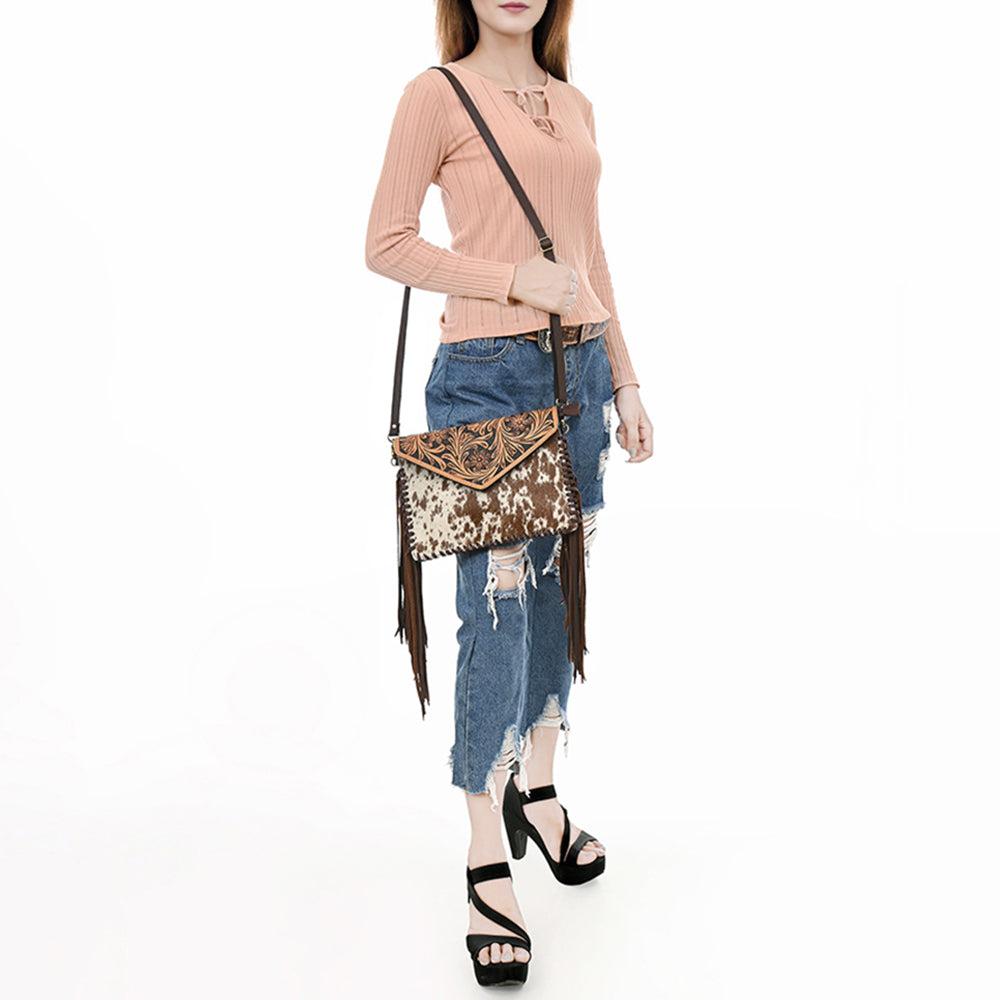 LC-ADBGD112 Hair-On Cowhide Crossbody Bag with Tooled Leather Flap & Fringe