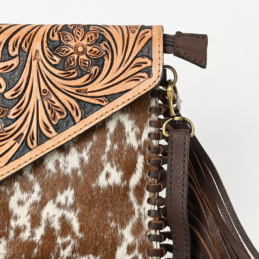 LC-ADBGD112 Hair-On Cowhide Crossbody Bag with Tooled Leather Flap & Fringe