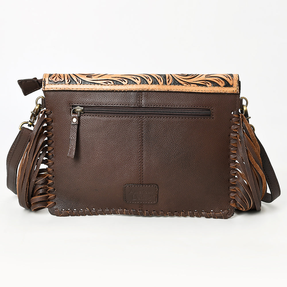 LC-ADBGD112 Hair-On Cowhide Crossbody Bag with Tooled Leather Flap & Fringe