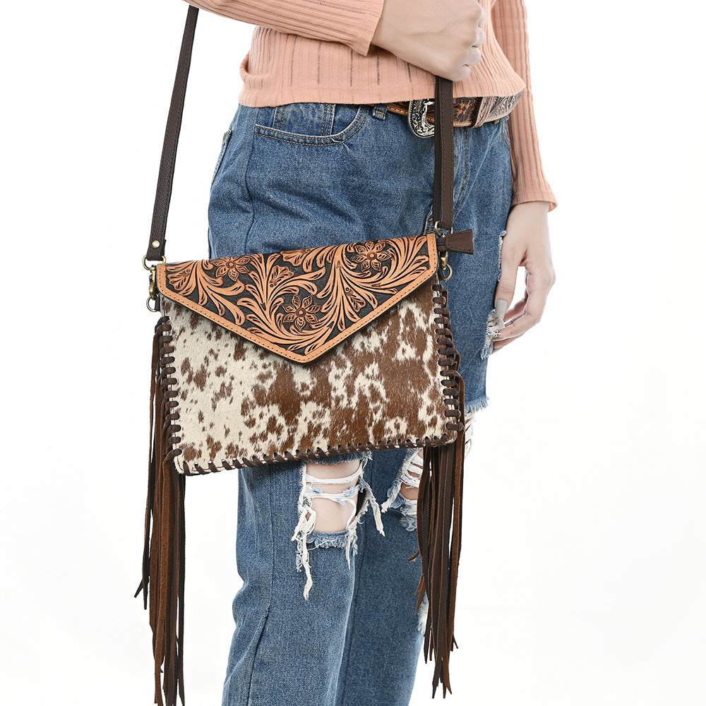 LC-ADBGD112 Hair-On Cowhide Crossbody Bag with Tooled Leather Flap & Fringe