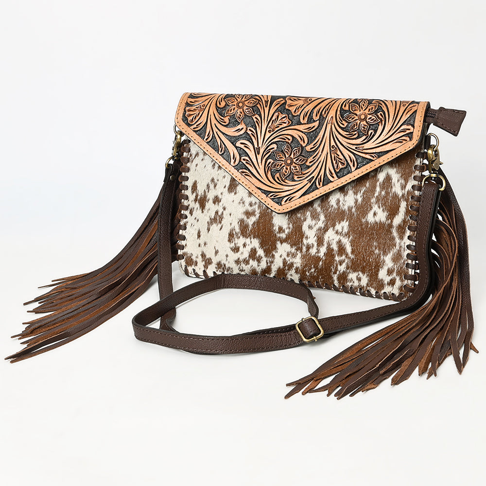 LC-ADBGD112 Hair-On Cowhide Crossbody Bag with Tooled Leather Flap & Fringe